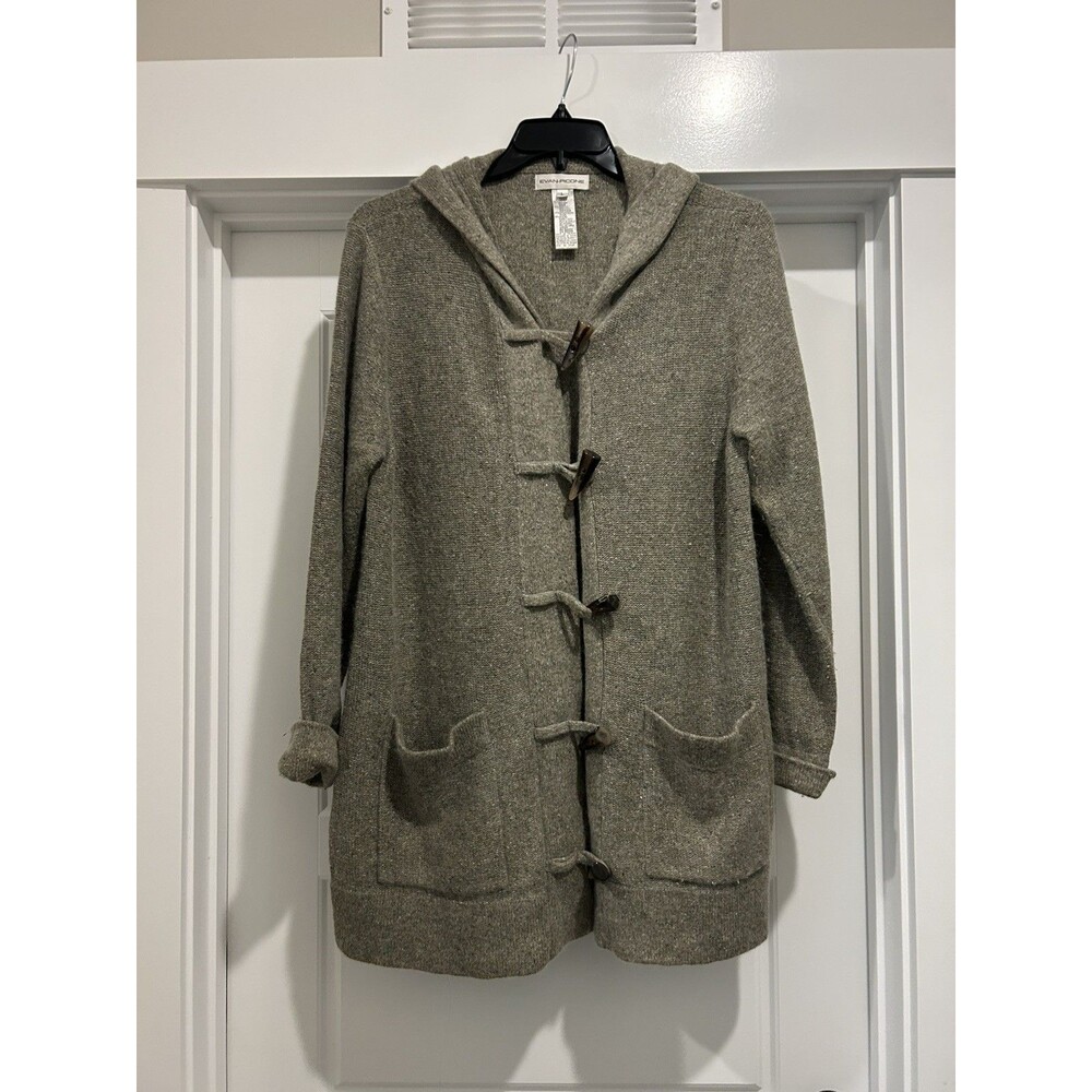 Women Large Green Hooded Toggle Cardigan Sweater Knit Duffle Coat Nature Cozy